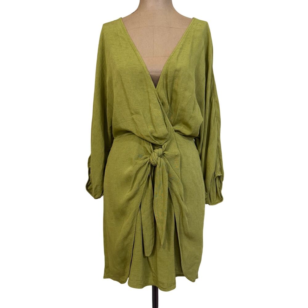 Anthropologie Mini Dress Green Linen Blend Wrap Kimono Dress - Picture 4 of 10